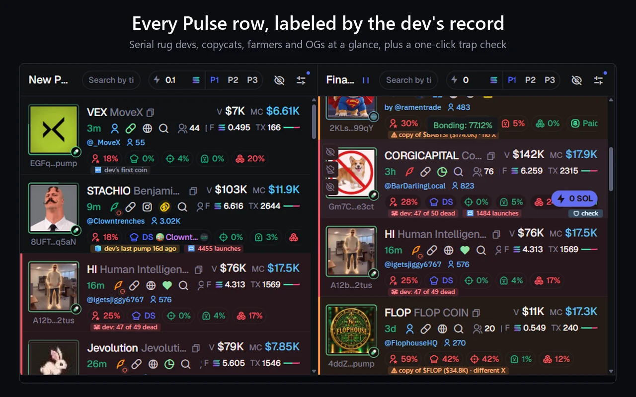 Pulse rows labeled by dev record